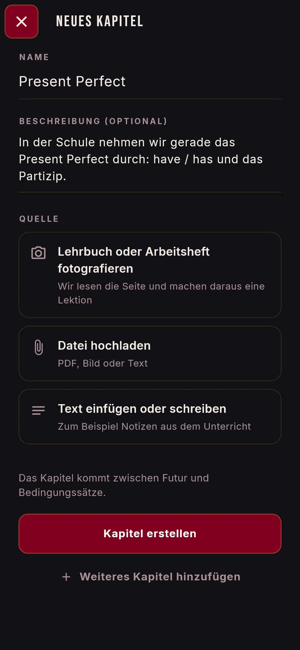 Formular für ein neues Kapitel