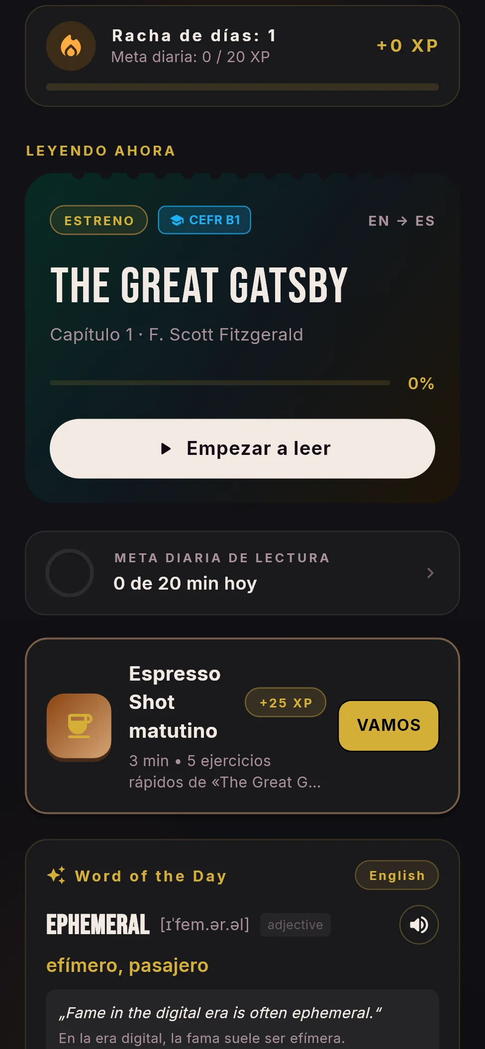 Biblioteca con el libro actual y la palabra del día