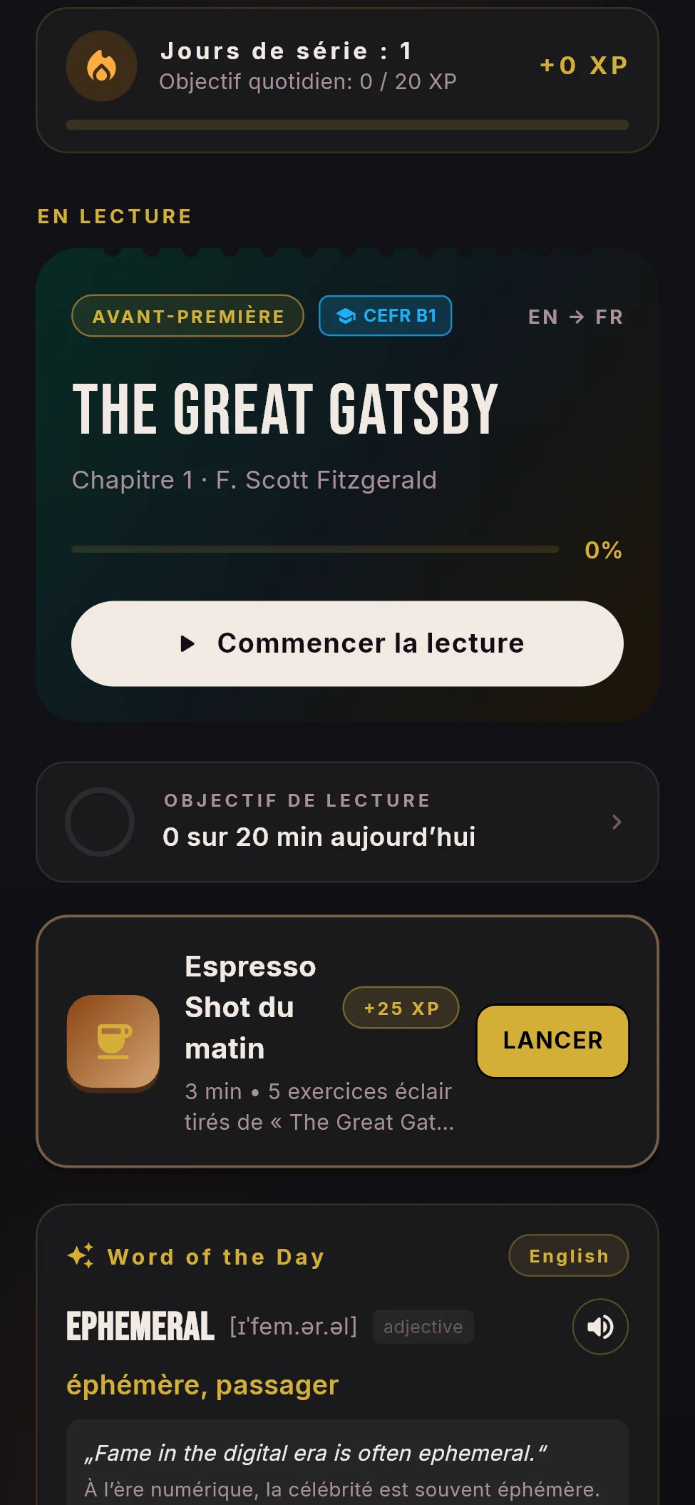 Bibliothèque avec le livre en cours et le mot du jour